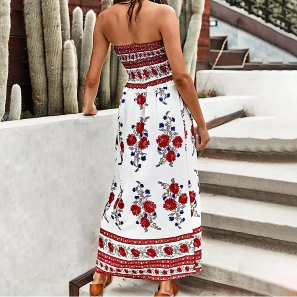 CLEARANCE Red Floral Printed Strapless Dress - Picture 3 of 4